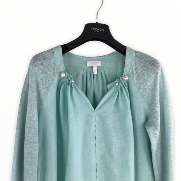 Escada Linen Aqua Pearl Accent Lightweight Tunic Top size 4 in Surf - Picture 2 of 16